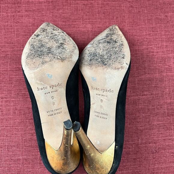 KATE SPADE Black Suede Pointy Gold Cap Toe and Gold Stiletto Heels Pumps 9B - Picture 5 of 8